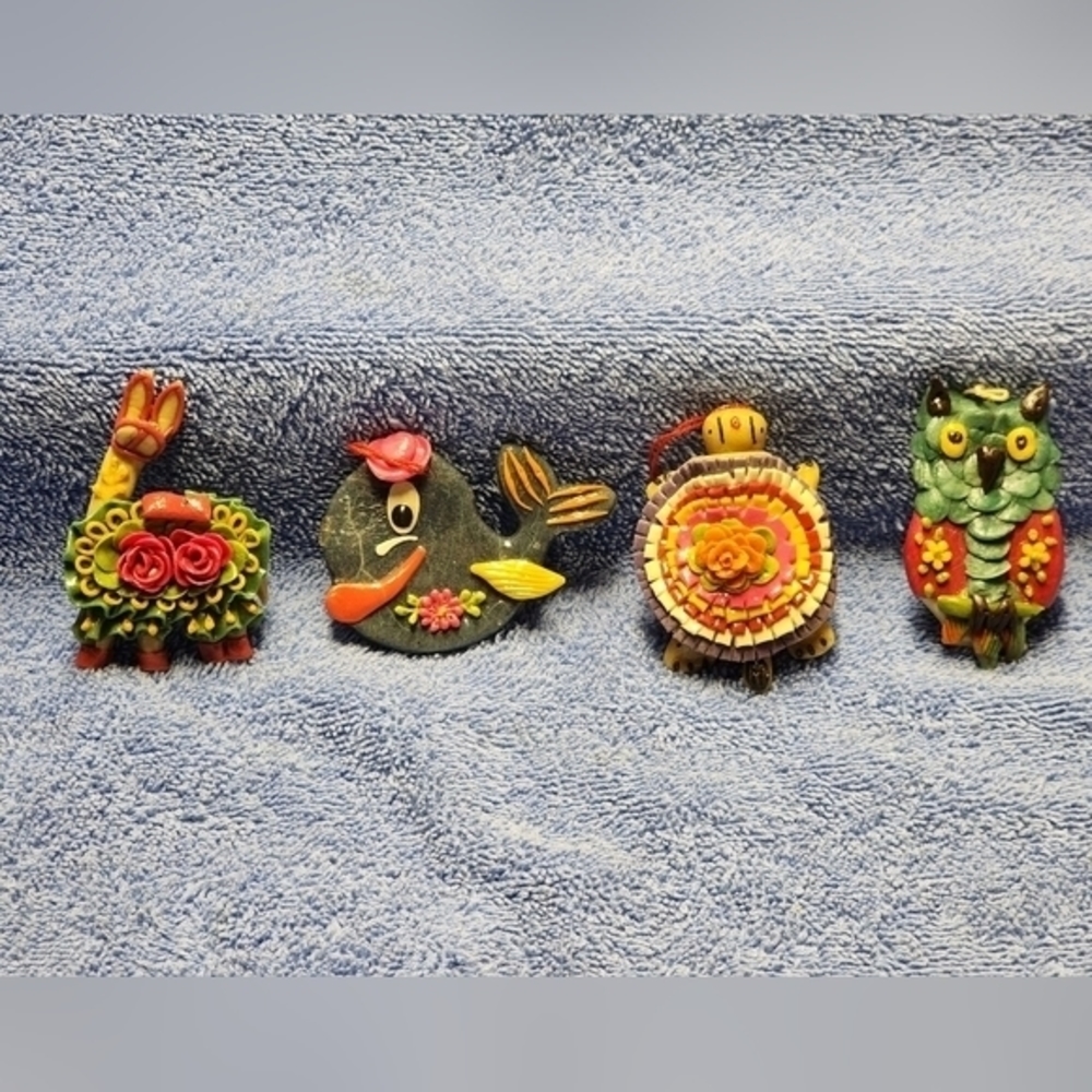 Vintage Ecuador Dough Ornaments Llama‎ Whale Turtle Owl Lot of 4